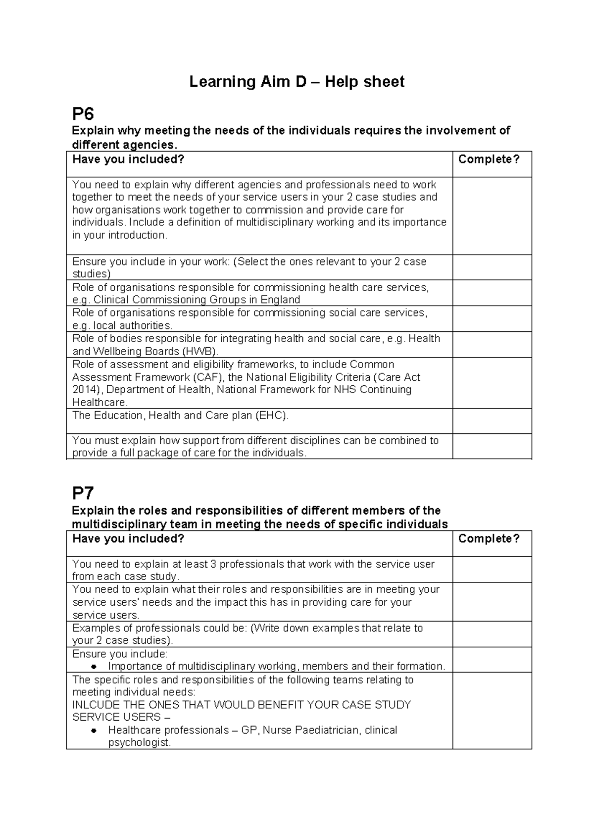 Learning Aim D help sheet a)30th Jan -feb 17th - b)Feb 24th-March 24th ...