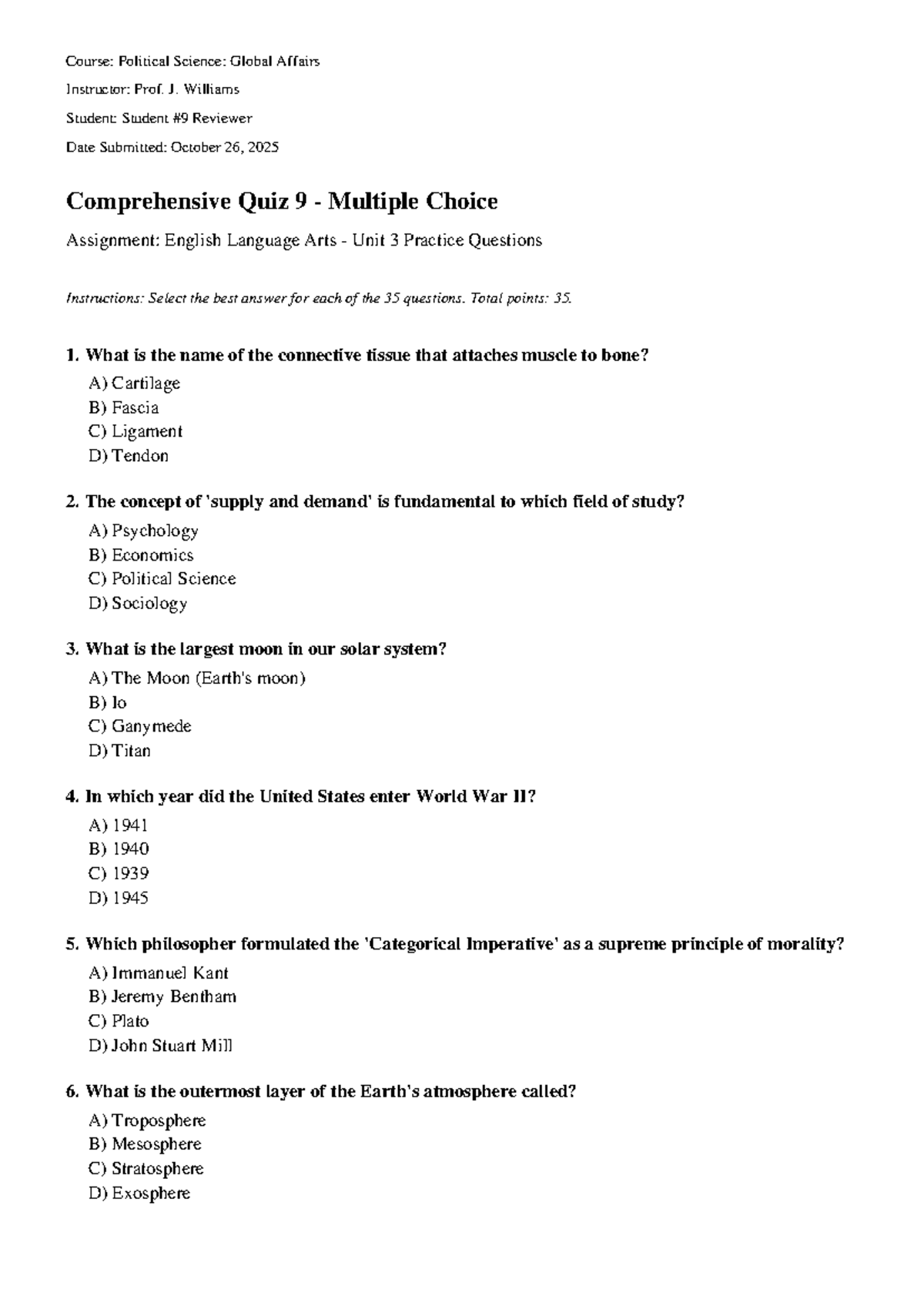Political Science Quiz 9: English Language Arts Practice Questions ...