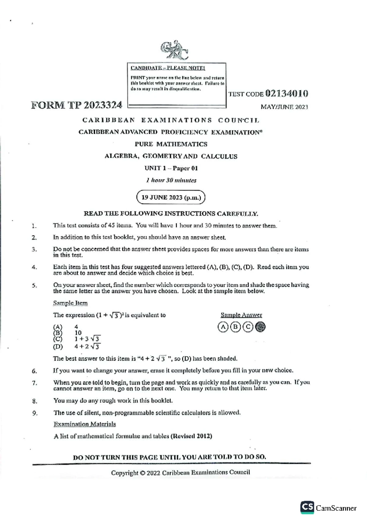 2023 U1 P1 Pure Mathematics Exam Paper 01 - Algebra, Geometry, Calculus ...