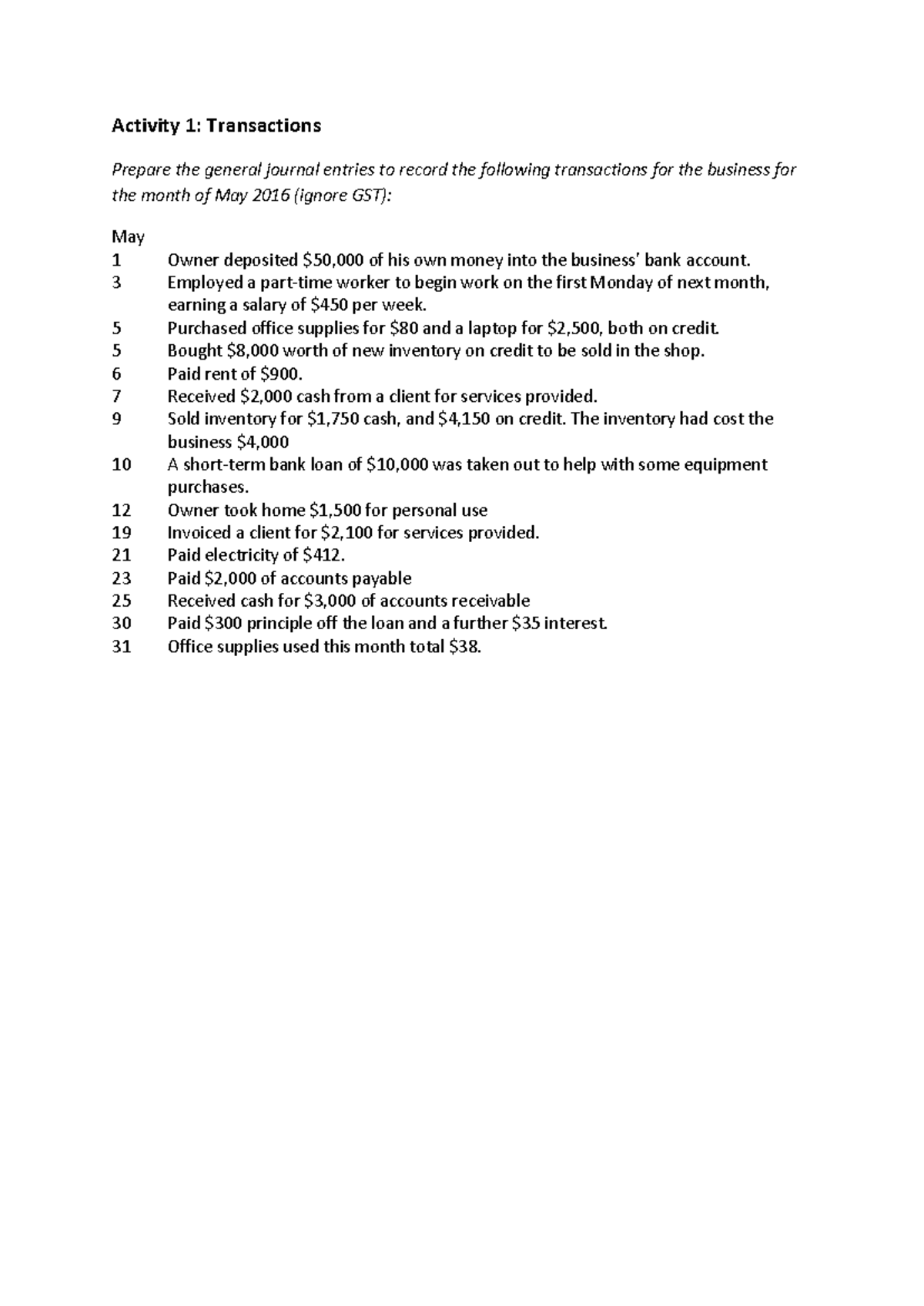 BUS 101 - Worksheet 3: General Journal & Ledger Practice Activities ...