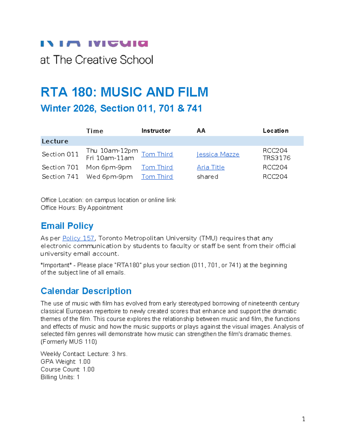 RTA 180: Music and Film Winter 2026 Course Outline and Schedule - Studocu
