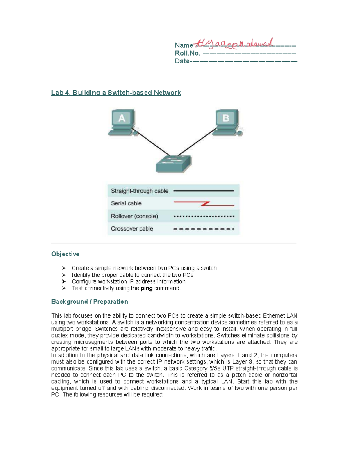 Lab 4: Building a Simple Ethernet Network Between Two PCs - Studocu