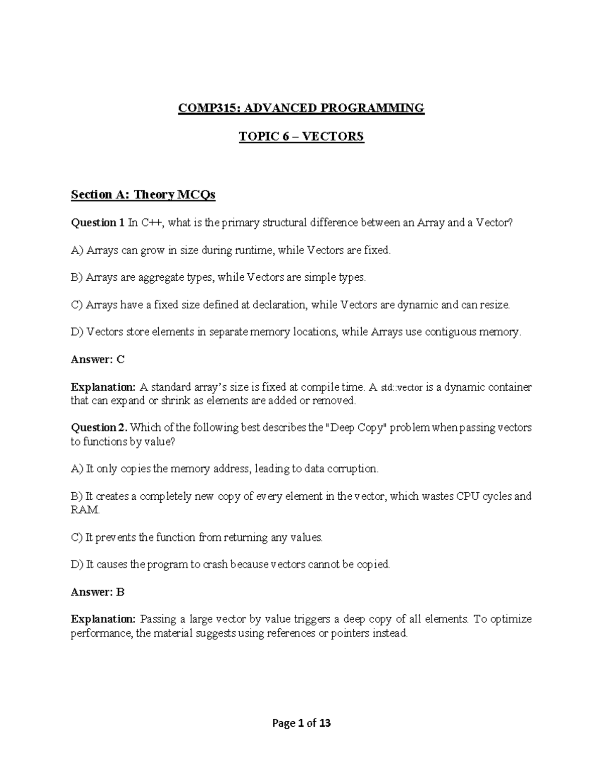COMP315: Advanced Programming Topic 6 - Vectors MCQs and Explanations ...