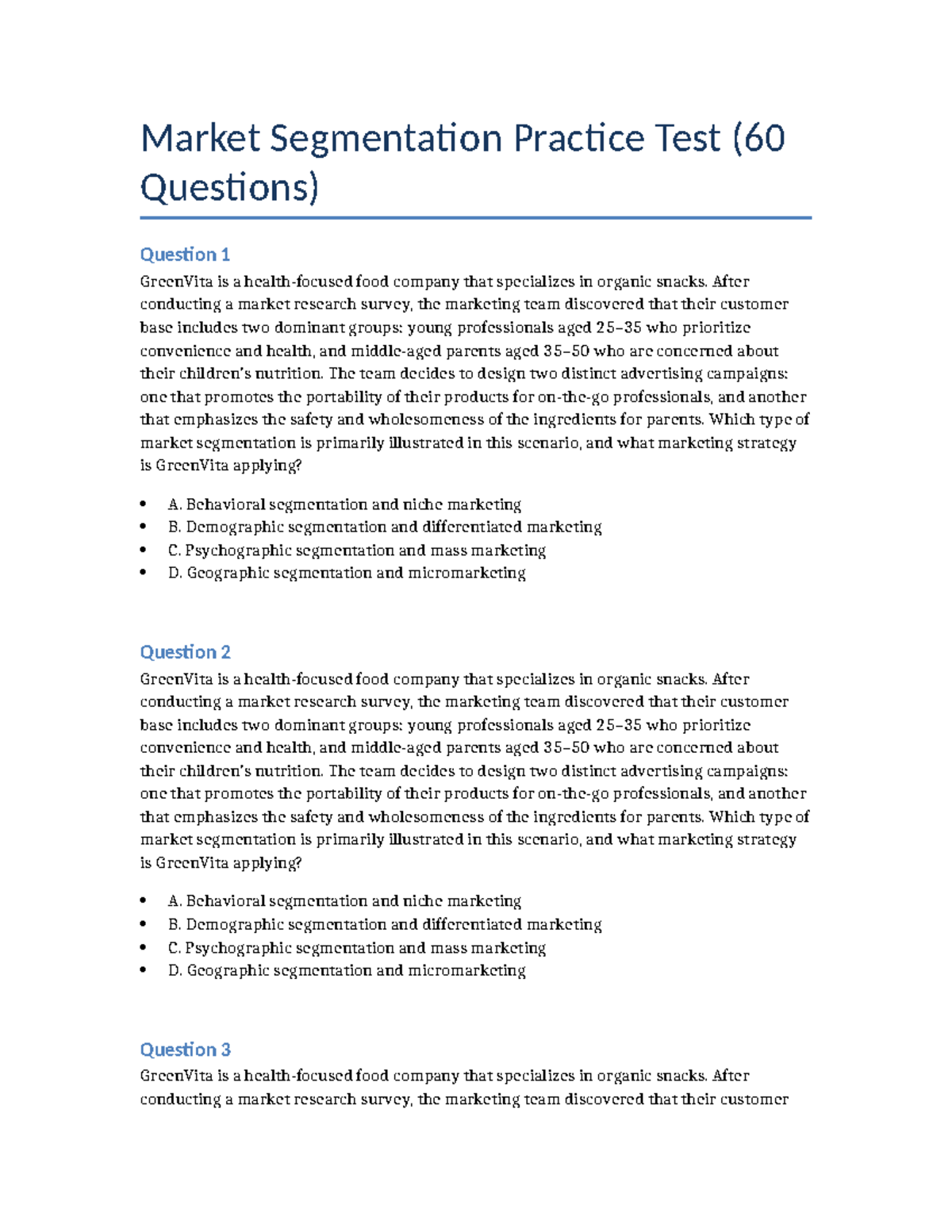 Market Segmentation Practice Test (60 Questions) - Studocu