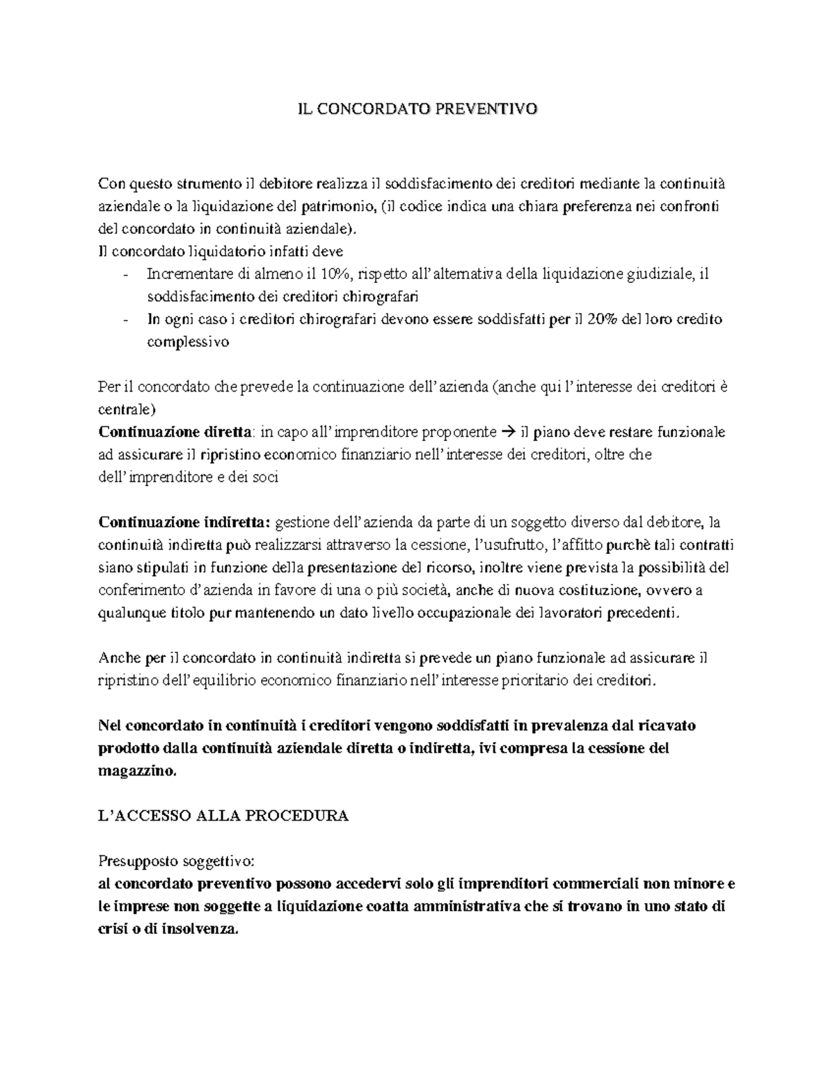 Schema Riassuntivo sul Concordato Preventivo e le sue Procedure - Studocu