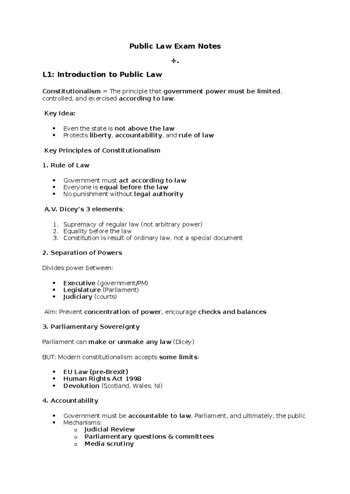Public Law Exam Notes L1: Constitutionalism and Key Principles - Studocu
