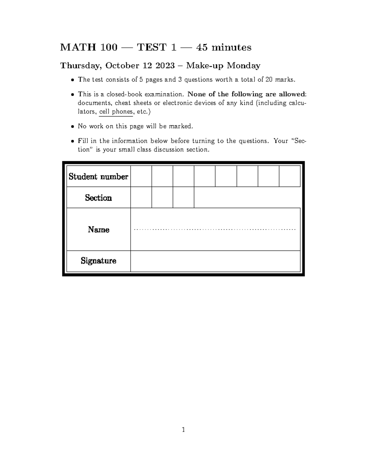 MATH 100 Midterm 1 - MATH 100 — TEST 1 — 45 minutes Thursday, October ...