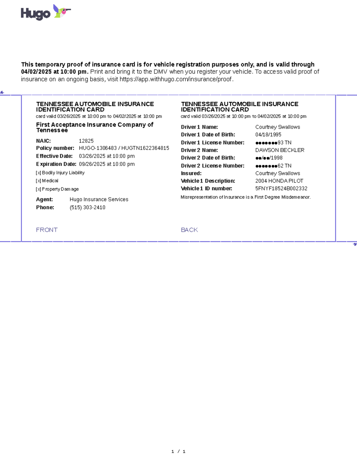 Hugo Temporary Auto Insurance Proof Card Valid Until 04/02/2025 - Studocu