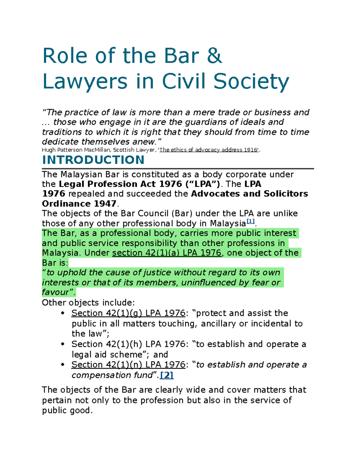 **LPA 1976: Role of the Bar & Legal Profession in Civil Society** - Document Preview