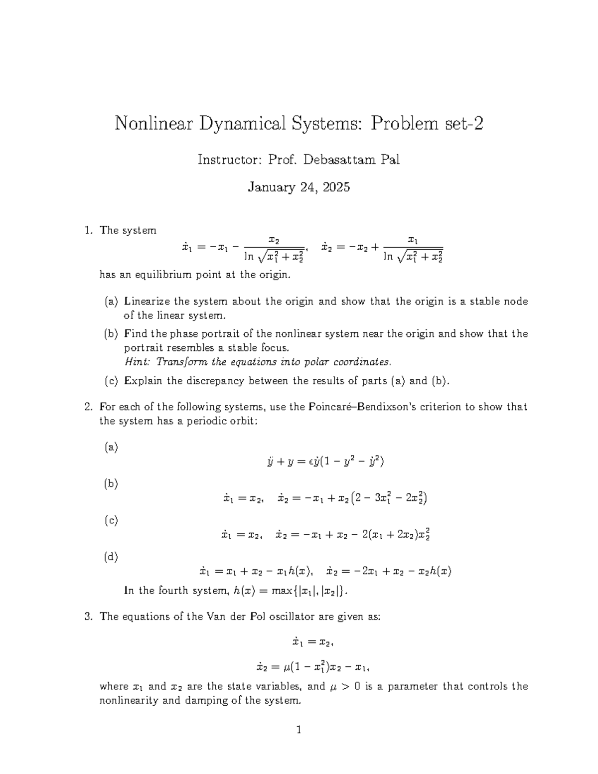 EE 613 Assignment 2 - Nonlinear Dynamical Systems Problem Set Analysis ...