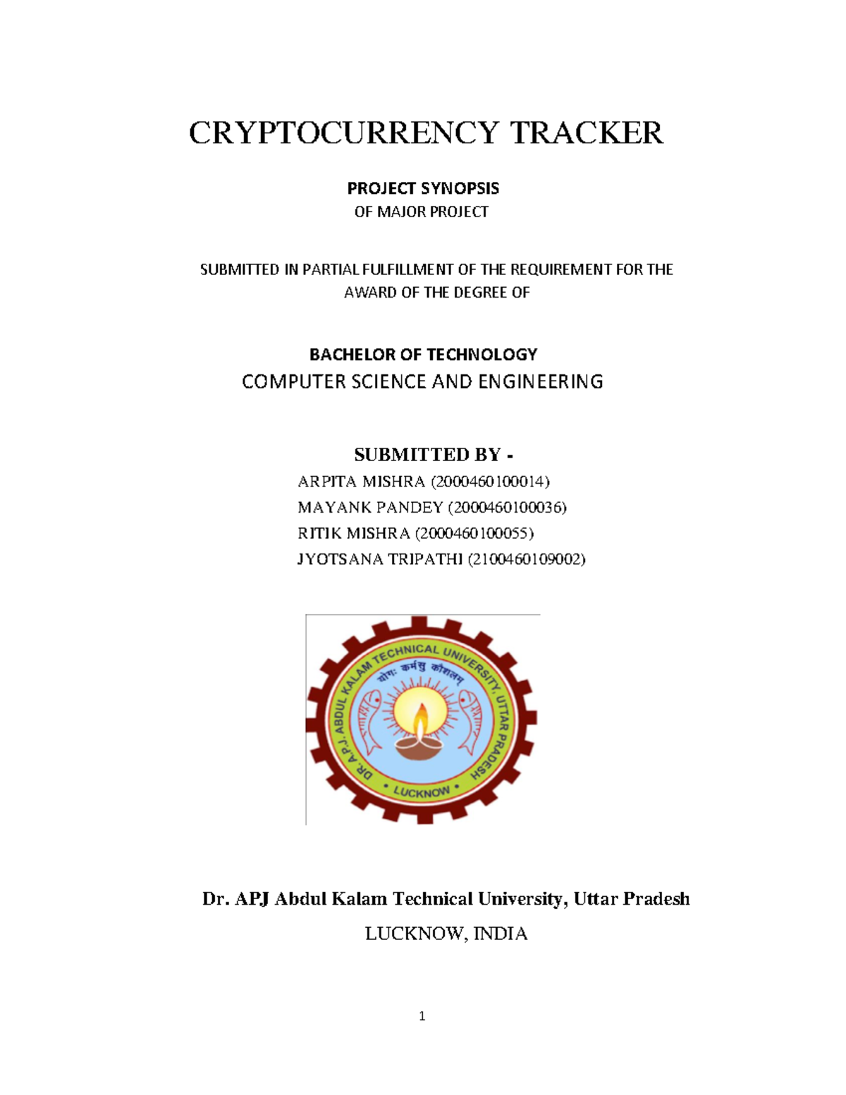 Cryptocurrency Tracker Project Synopsis for B.Tech in CSE - Studocu