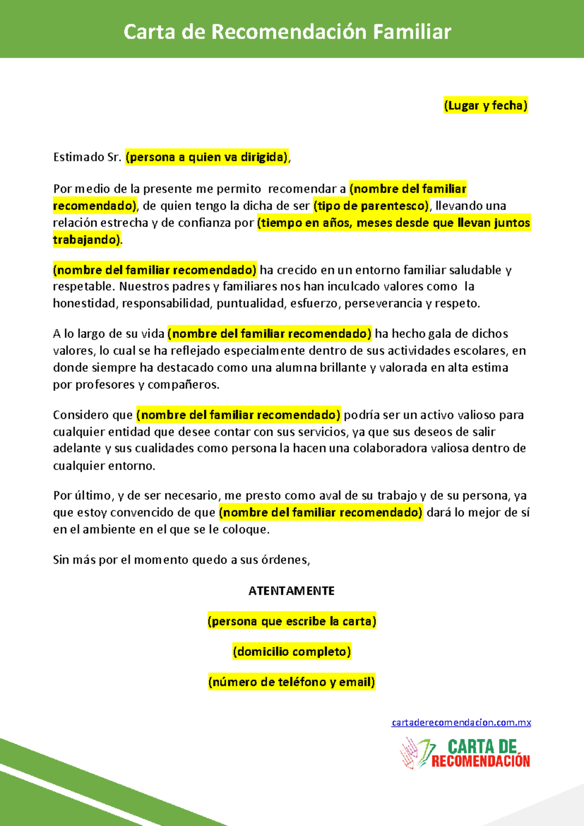 Modelo de Carta de Recomendación Familiar para Descarga PDF - Studocu, image size:1200x1696