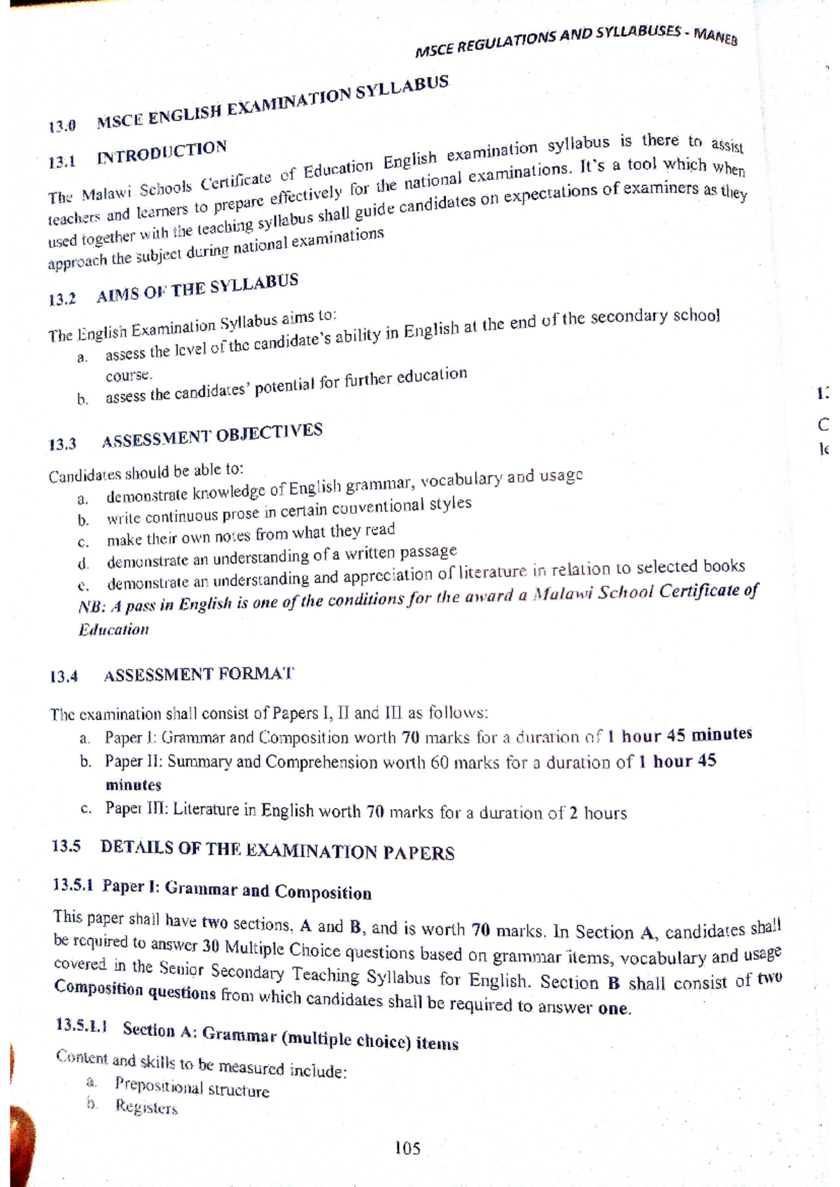 MSCE English Examination Syllabus Overview for Secondary Students - Studocu