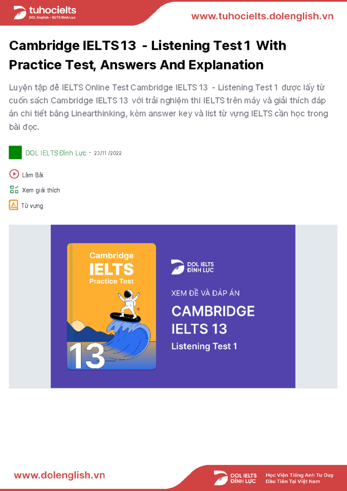 CAM13 - IELTS Listening Test 1 with Answers & Explanations - Studocu