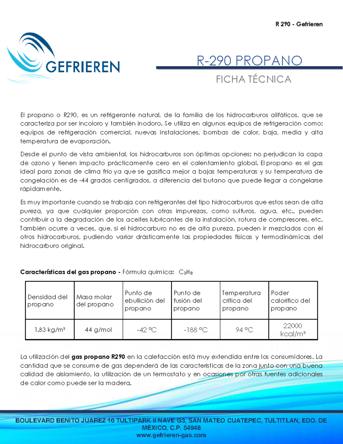 Ficha Técnica R290: Propano como Refrigerante Natural - Studocu
