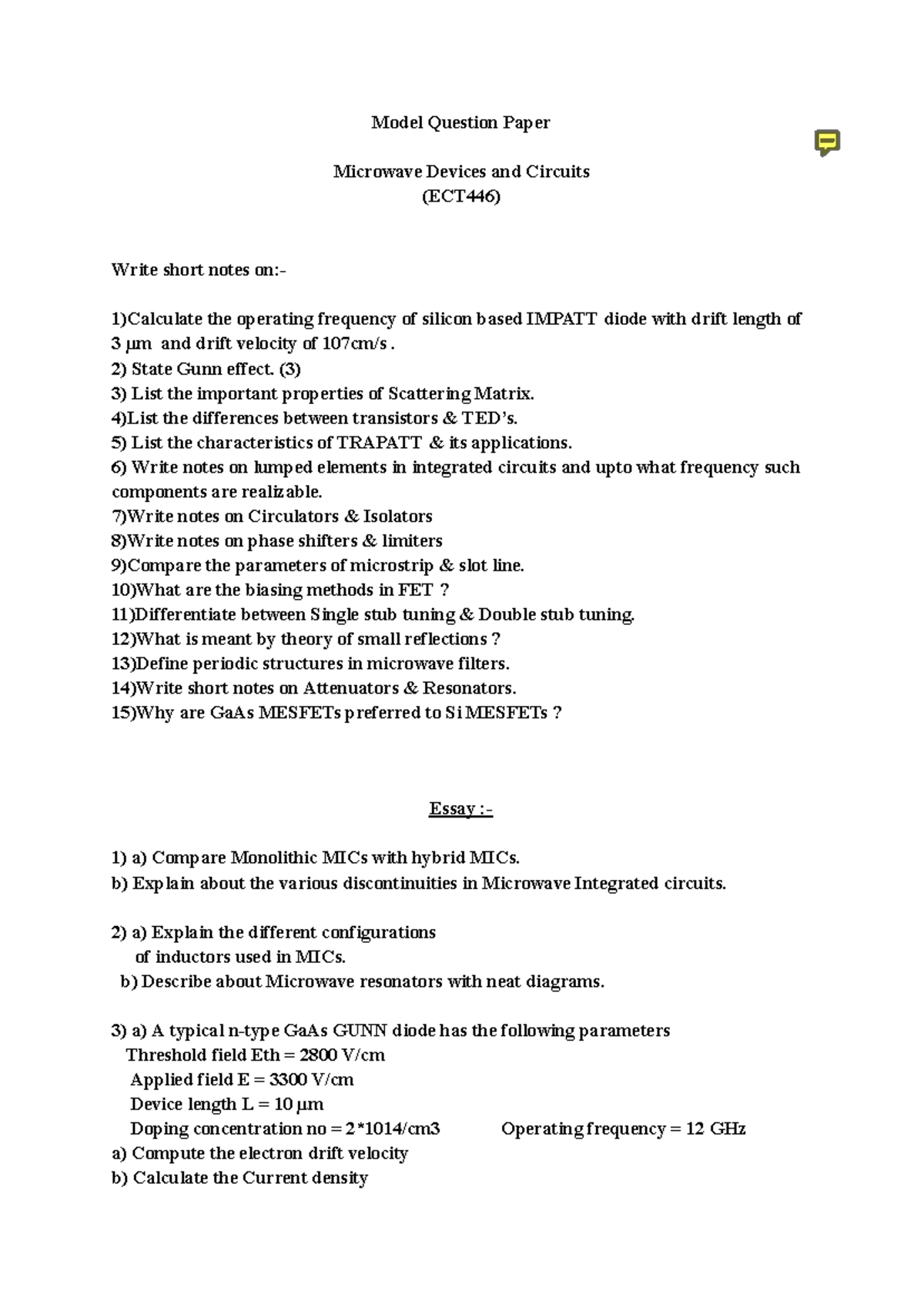 Model Question Paper for ECT446: Microwave Devices & Circuits - Studocu