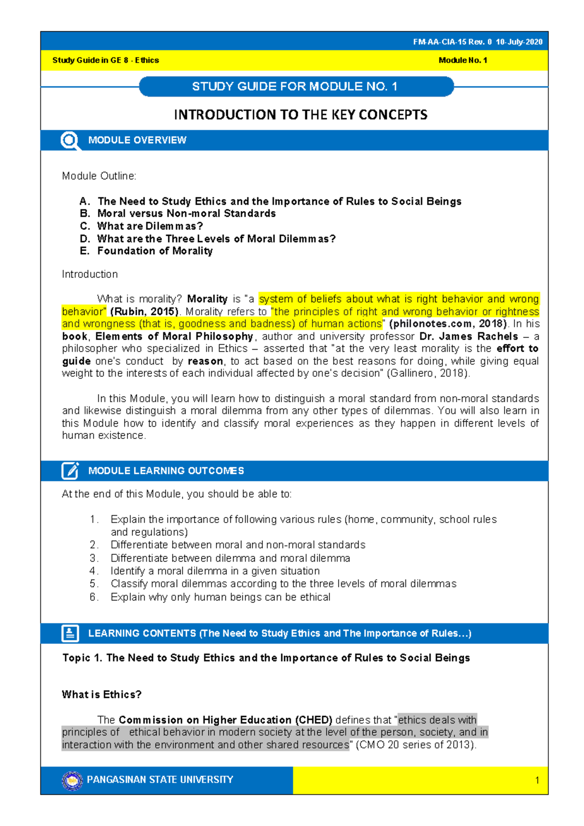 GE 8 Ethics Study Guide: Module 1 - Key Concepts & Moral Dilemmas - Studocu