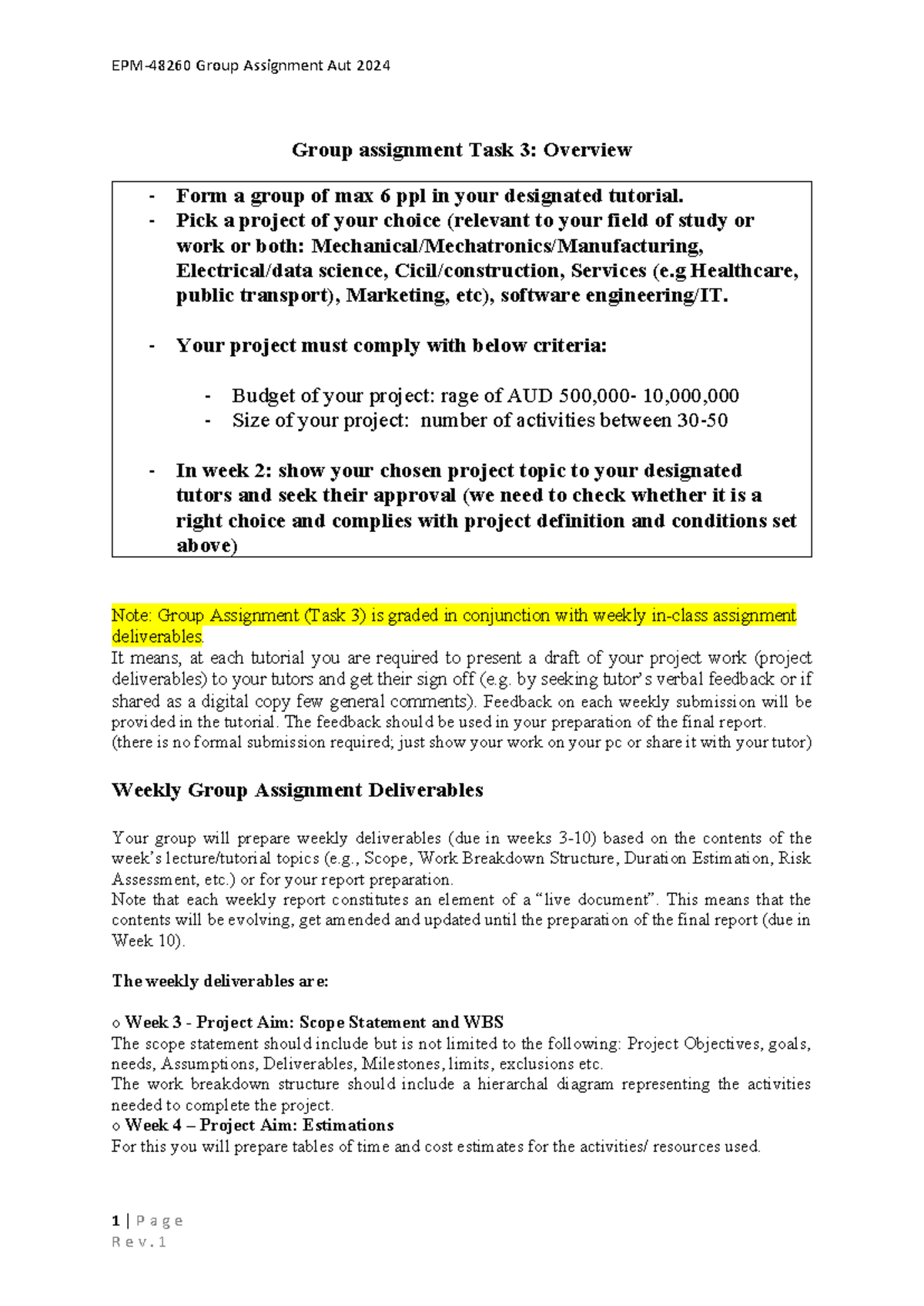 EPM-48260 Group Assignment Task 3 Overview & Weekly Deliverables - Studocu