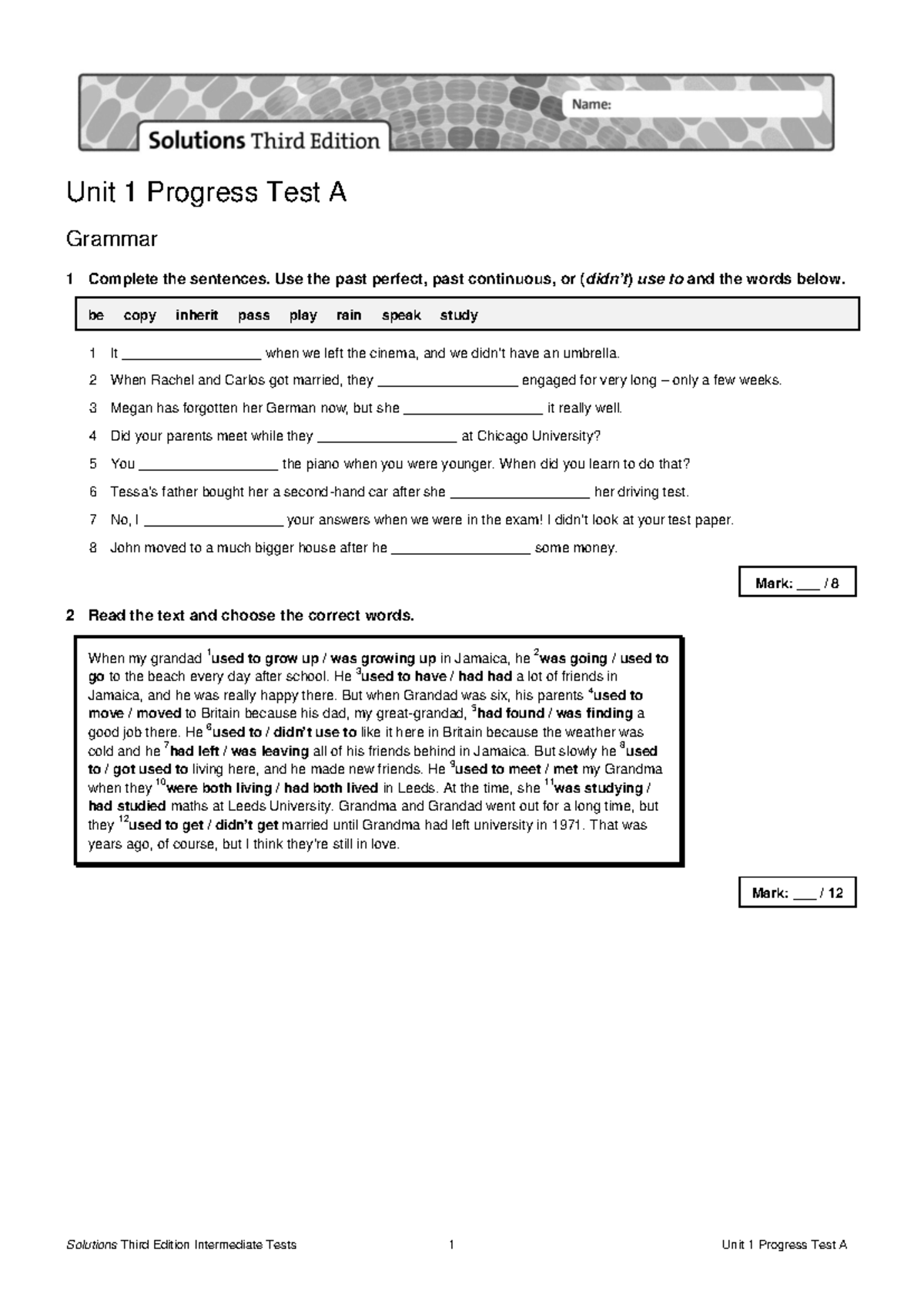 Unit 1 Progress Test A - Sol3e: Grammar, Vocabulary & Reading - Studocu