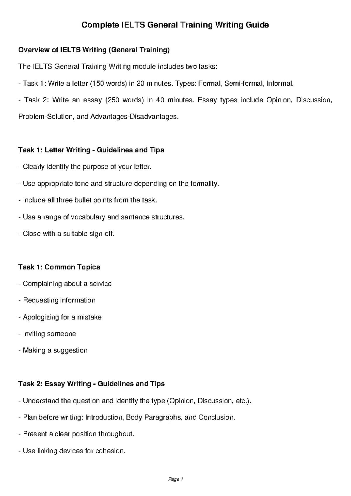 IELTS GT Writing Guide: Tasks, Tips & Common Topics - Studocu