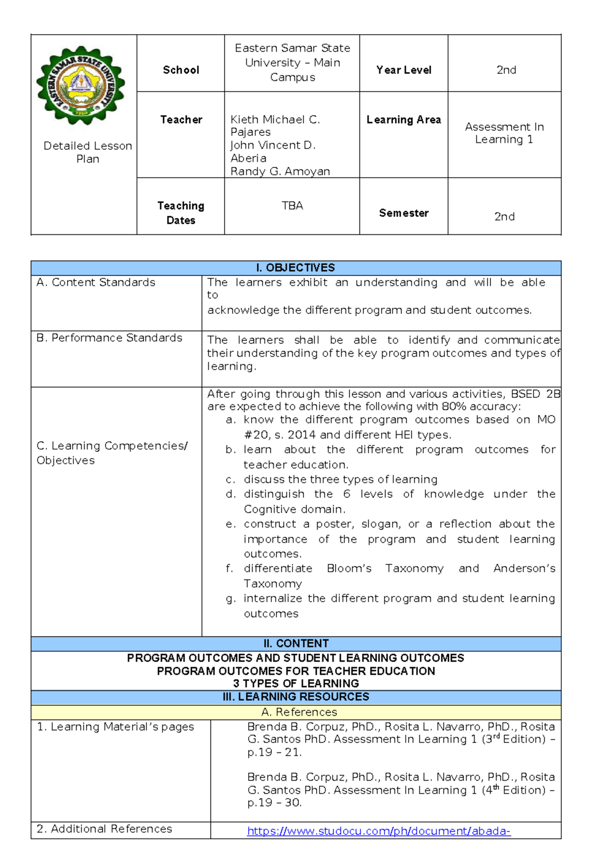 AIL 1 GROUP3 LP - Detailed Lesson Plan School Eastern Samar State ...