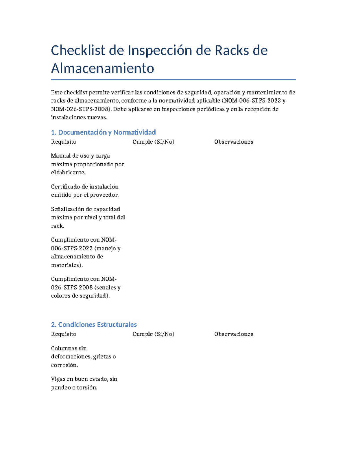 Checklist de Inspección de Racks de Almacenamiento - Studocu