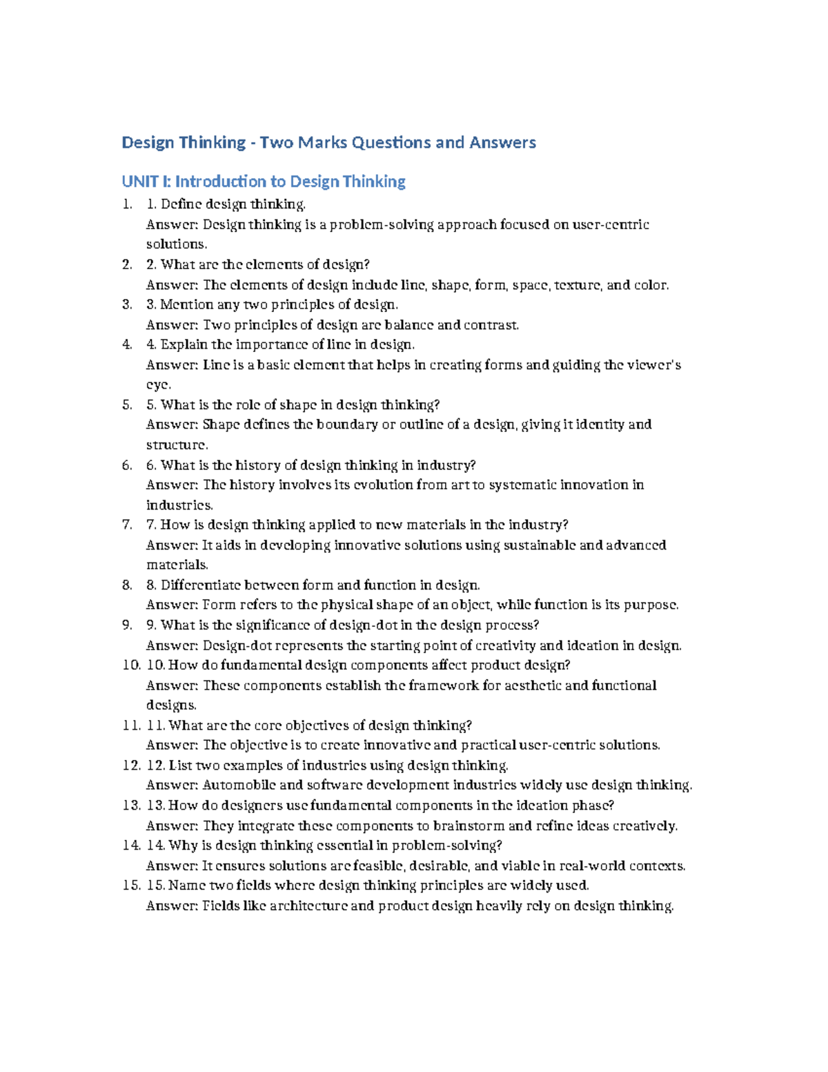 Design Thinking - 2 Marks Q&A for Quick Revision - Studocu