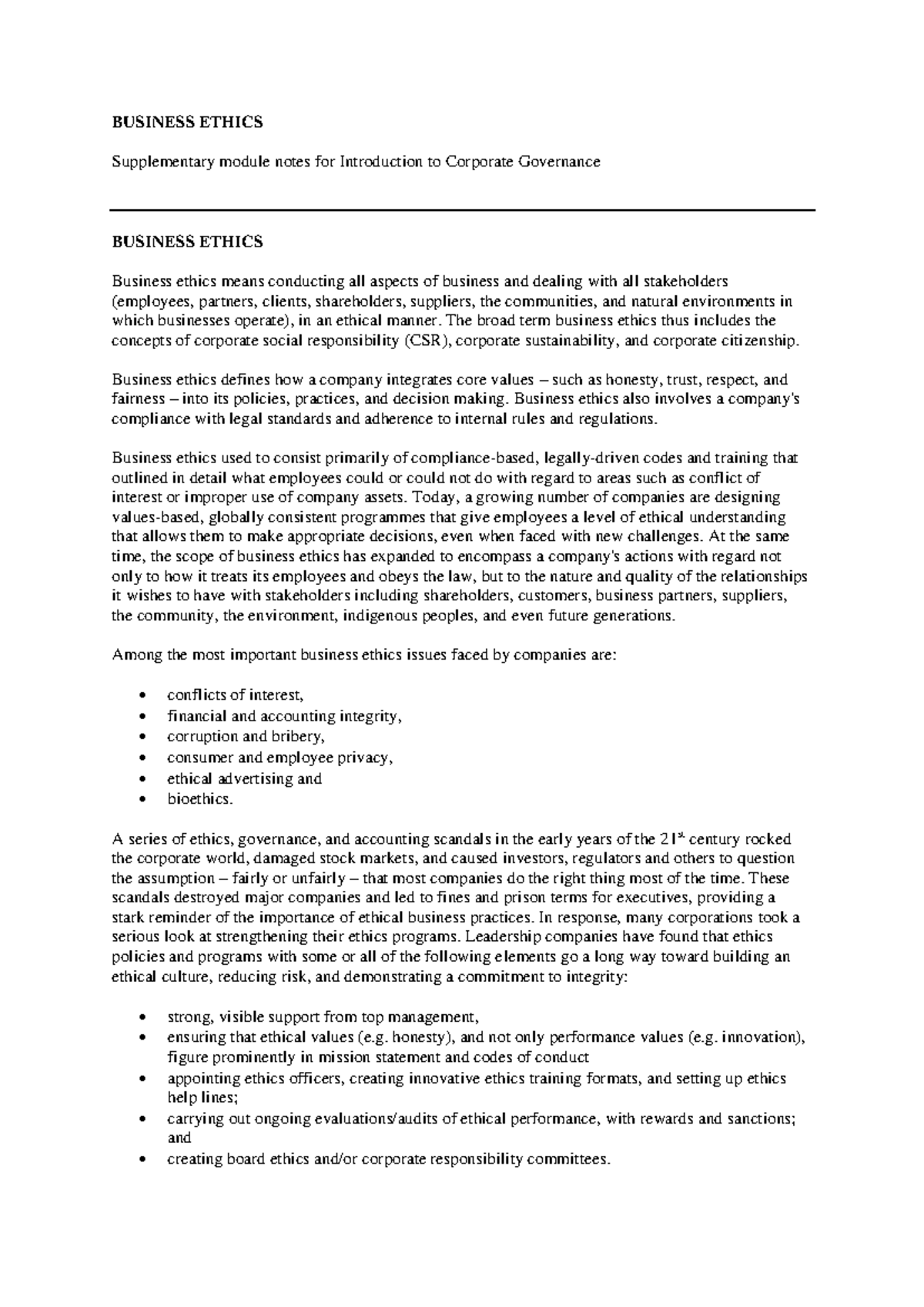 Business Ethics (MGMT 301) Lecture Notes and Key Takeaways - Studocu
