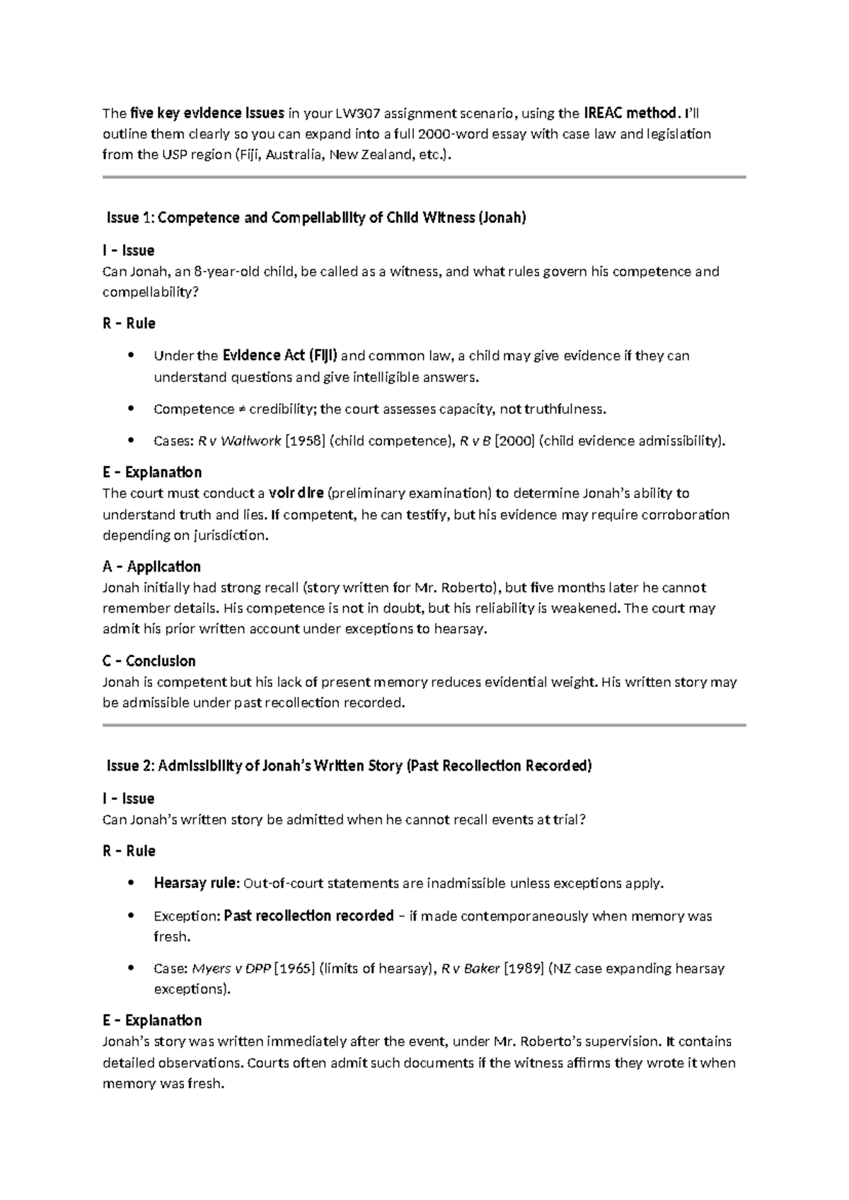 Key Evidence Issues in LW307: IREAC Method Analysis for Essay - Studocu