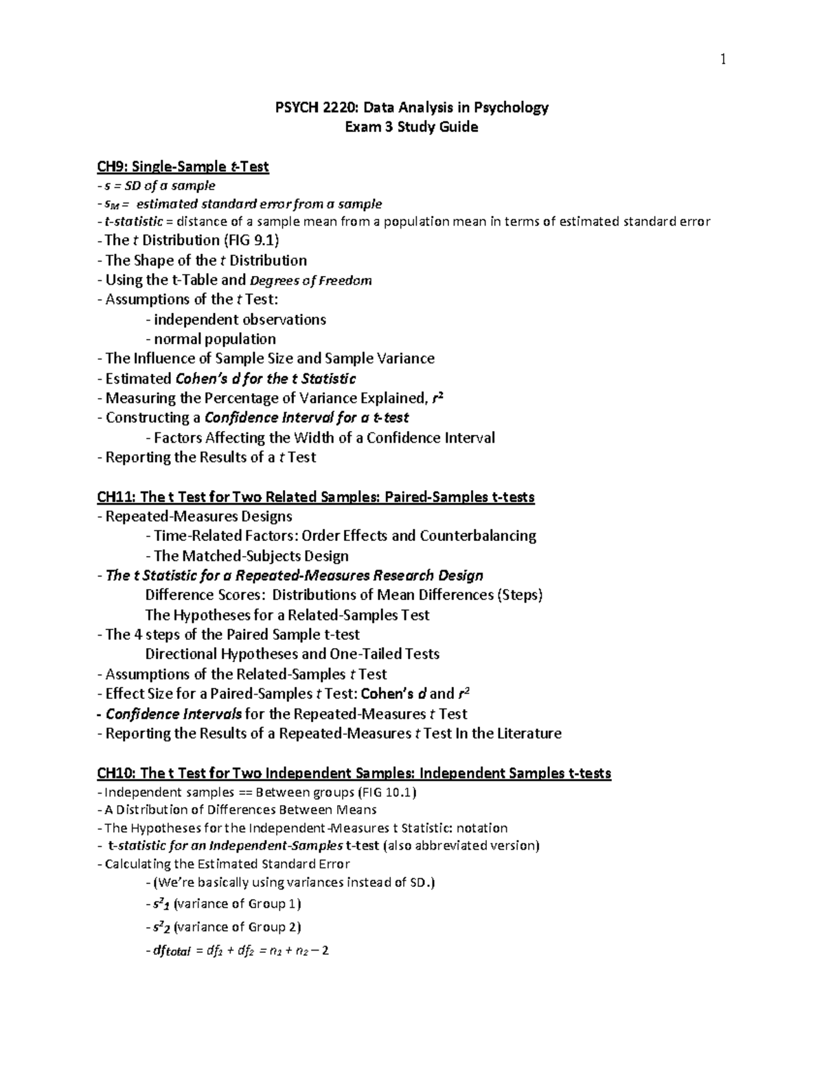 PSYCH 2220: Exam 3 Study Guide - t-Tests - Studocu