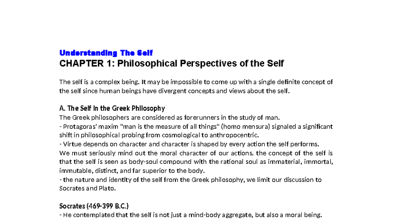 UTS CHAPTER 1: Exploring Philosophical Views on the Self - Studocu