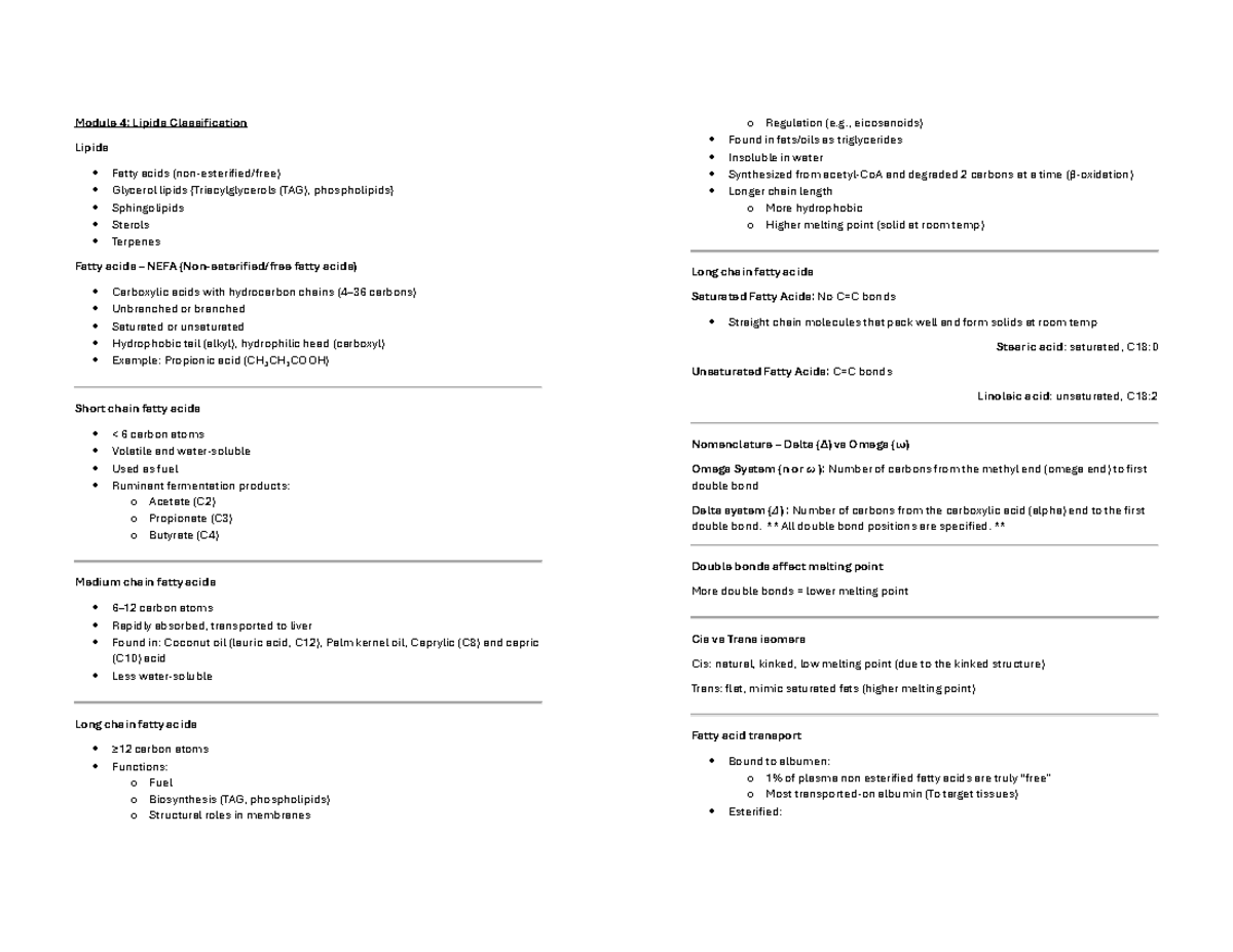 VET272 Final Exam Notes: Lipid Classification and Metabolism Overview ...