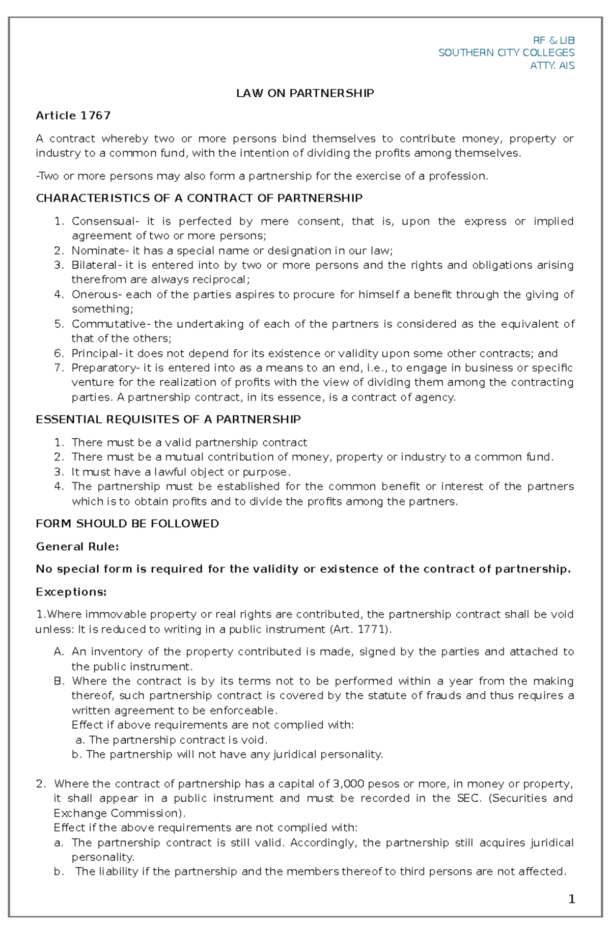 Law on partnership RF: Key concepts and essential requisites - Studocu