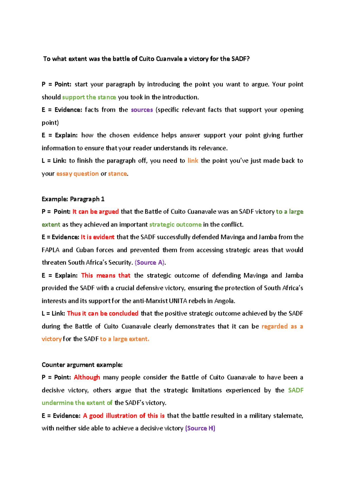 PEEL Method for Grade 12 Source-Based Essay: Cuito Cuanavale Analysis ...