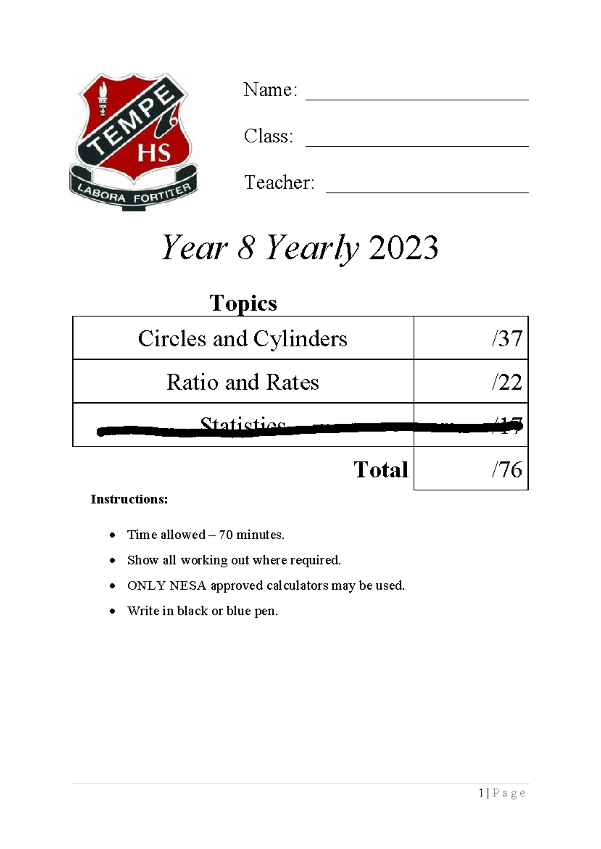 Year 8 2023 Tempe High School Term 4 Exam Circles, Cylinders, Ratios ...