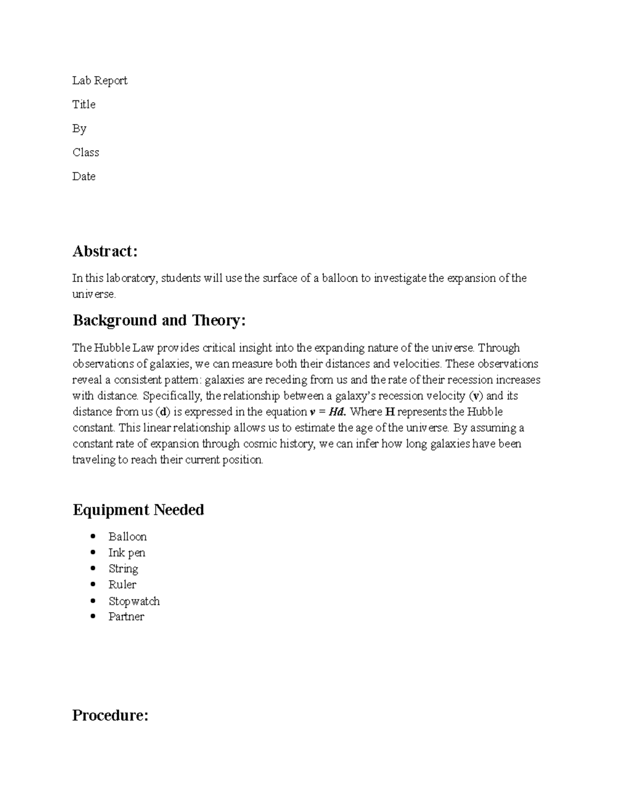 Lab Report 1 balloon - Lab ex - Lab Report Title By Class Date Abstract ...