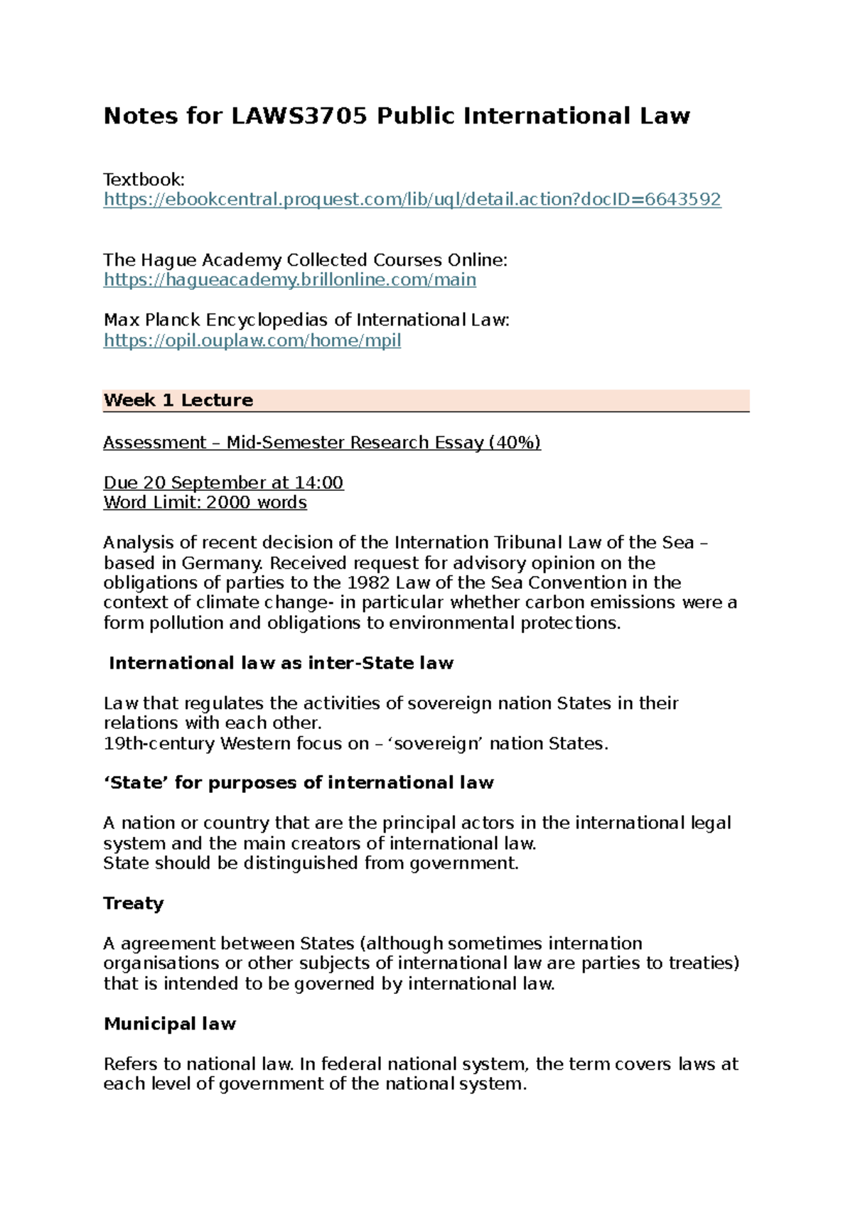 LAWS3705 Week 1 Lecture Notes: Public International Law Analysis - Studocu
