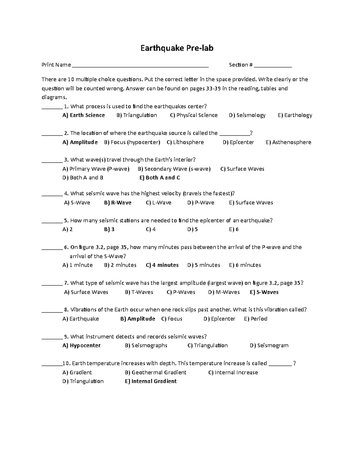 Earthquake Pre-lab Quiz: Key Concepts and Questions Analysis - Studocu