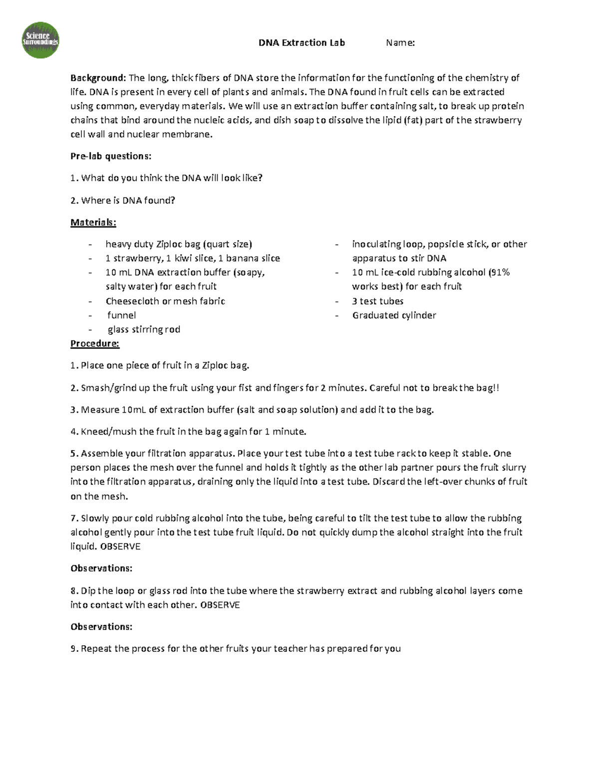 DNA Extraction Lab Experiment - Practical Guide - Studocu