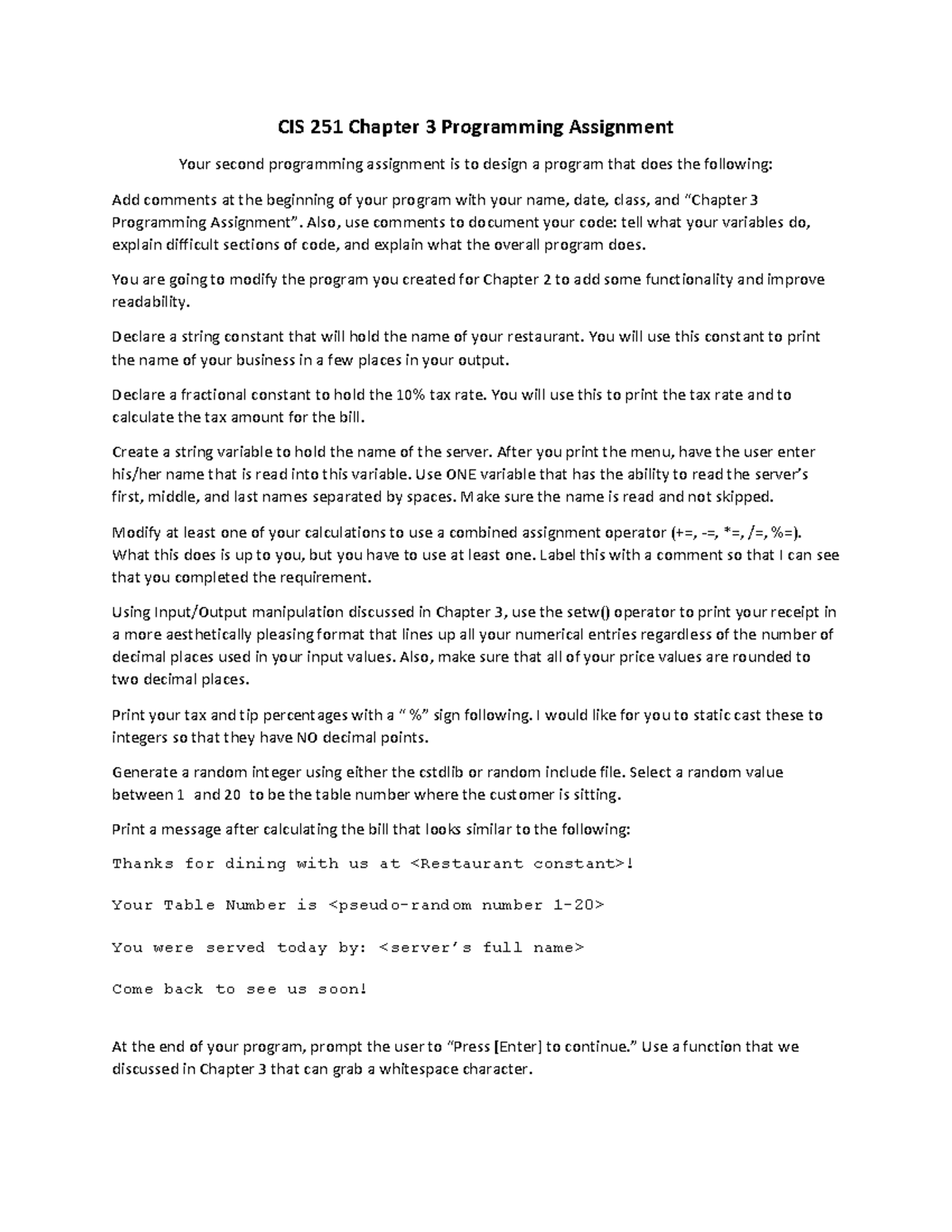 CIS 251 Chapter 3 Programming Assignment Guidelines for Summer 2025 ...
