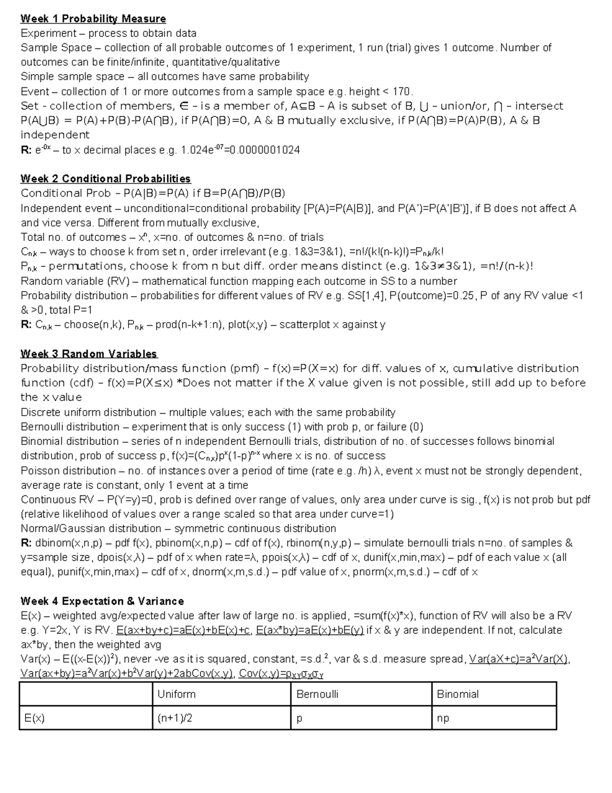 AB1202 Probability Concept Cheat Sheet: Weeks 1-4 Overview - Studocu