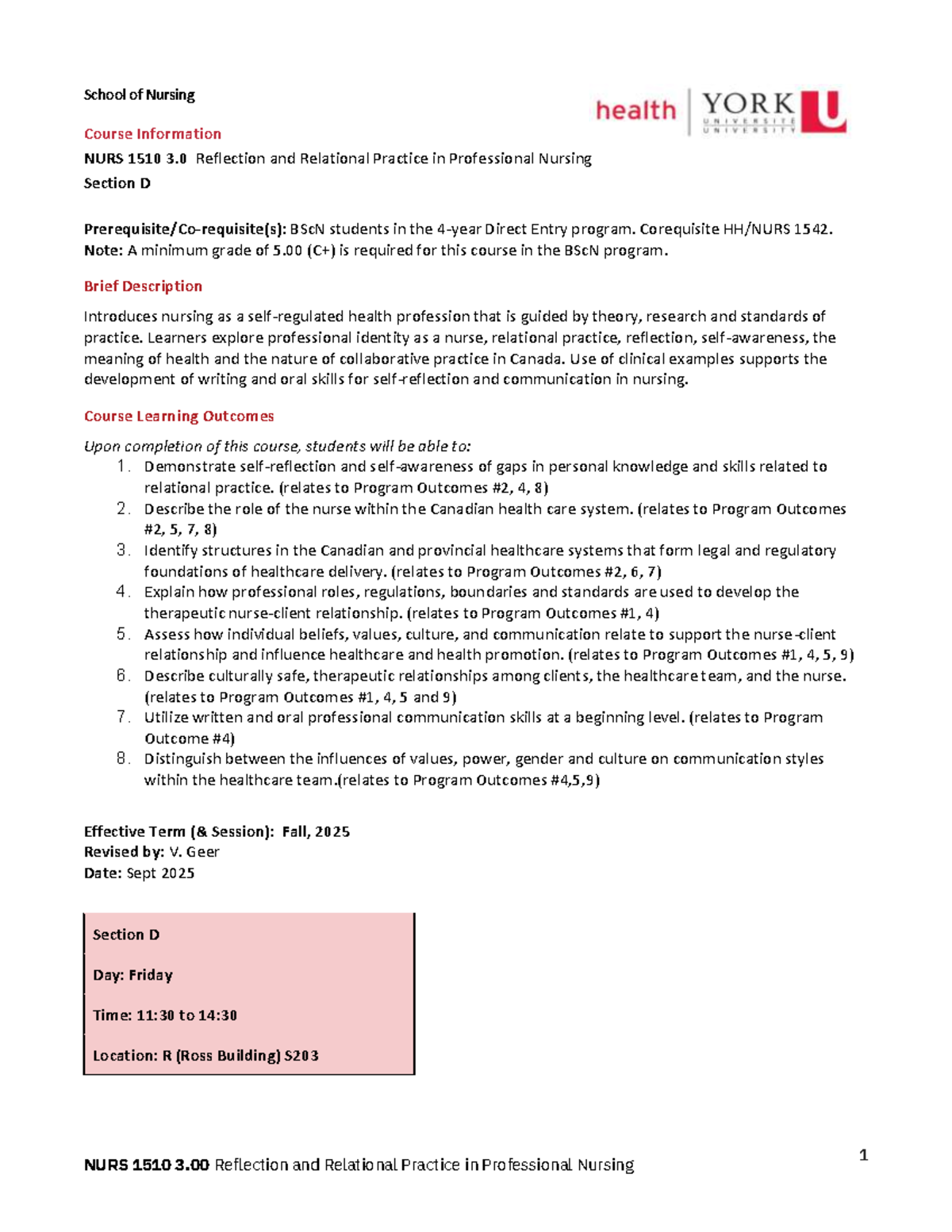 NURS 1510 D - Reflection & Relational Practice in Nursing - Fall 2025 ...