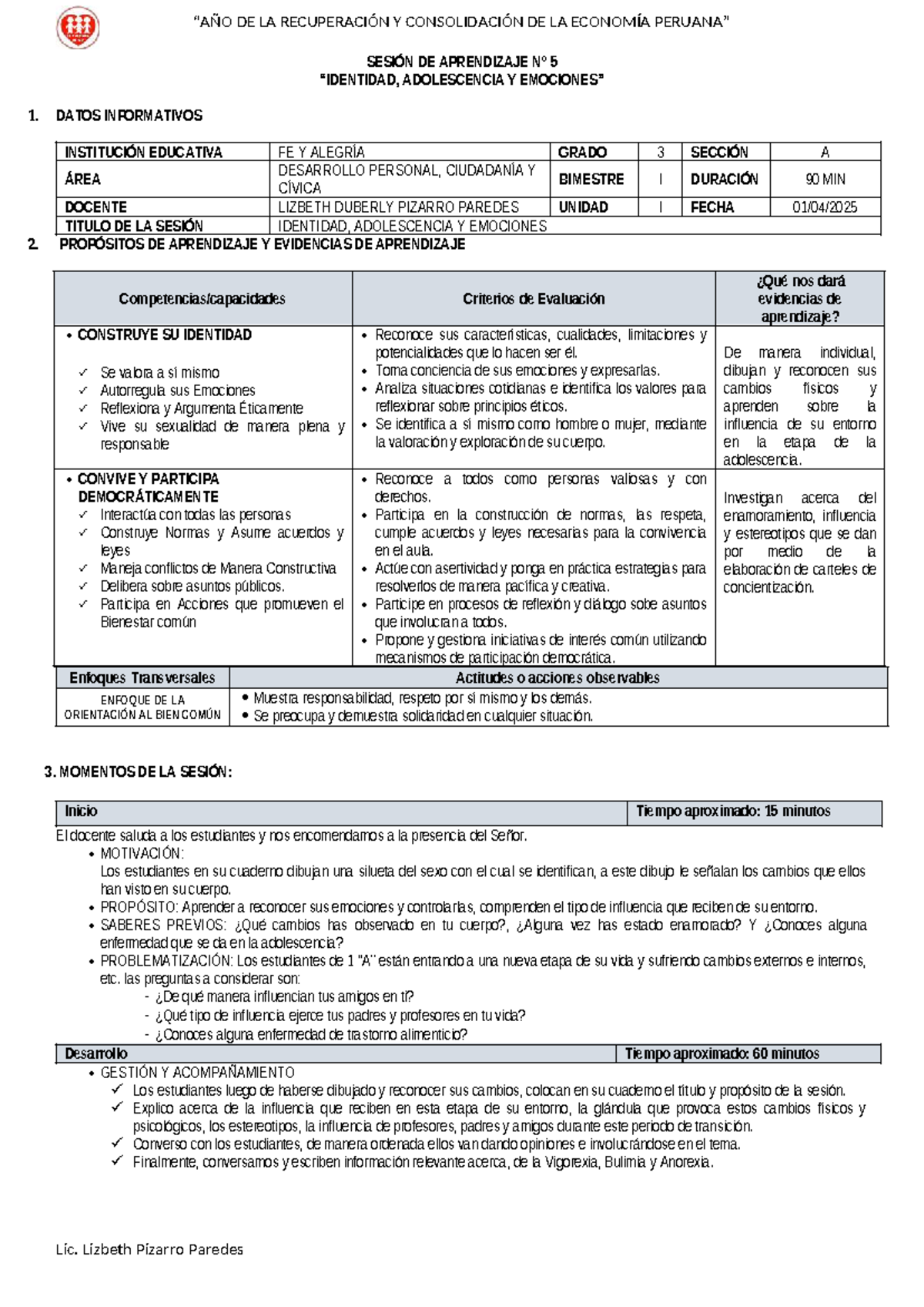 Sesión de Aprendizaje - Identidad, Adolescencia y Emociones - DPCC 3A ...