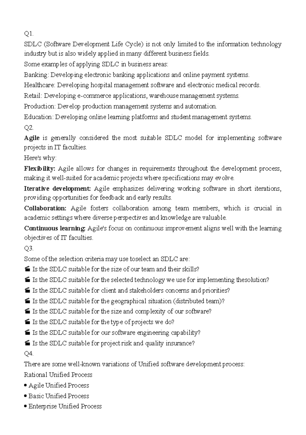 SDLC Analysis and Agile Model Overview - Q1 notes - Studocu