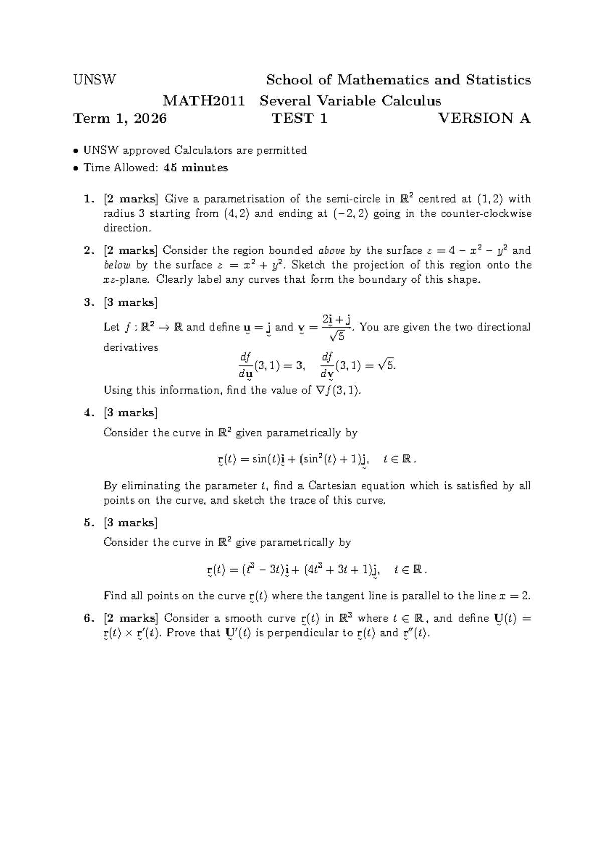 MATH2011 Several Variable Calculus Test 1 Past Paper T1 2025 - Studocu