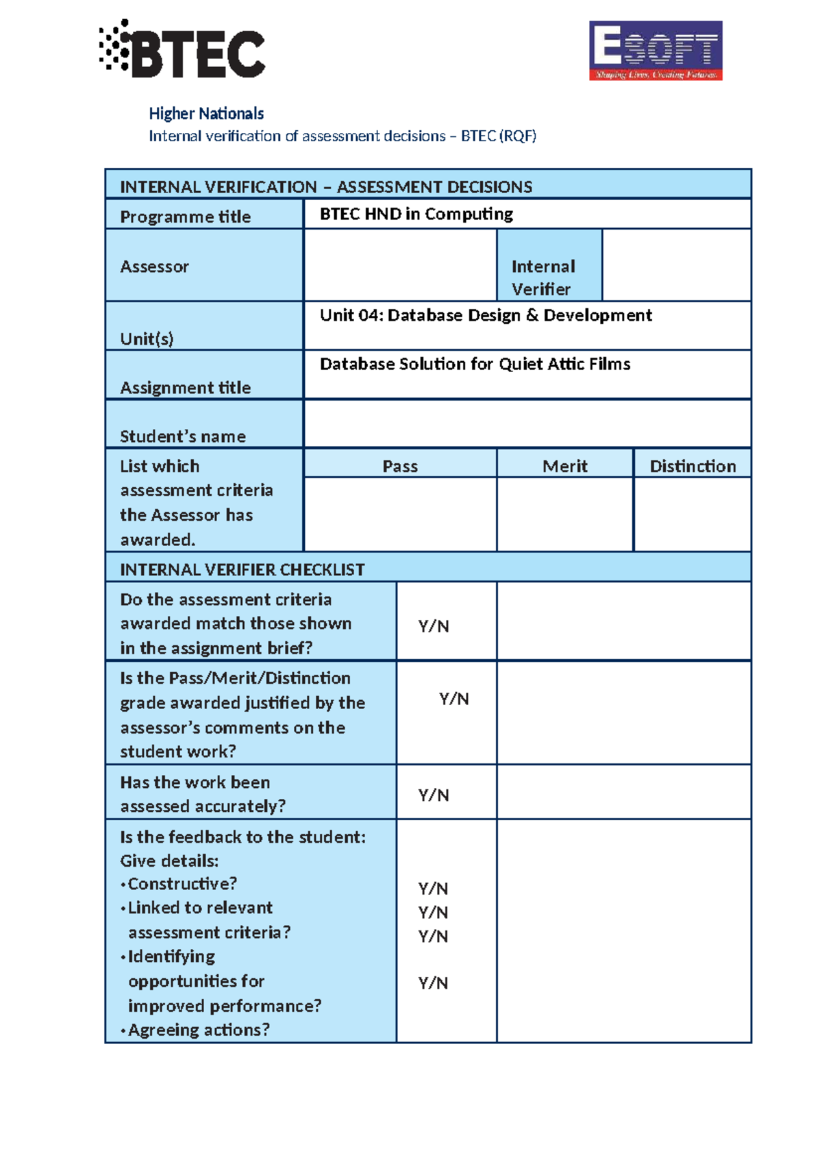 BTEC HND in Computing Unit 04: Database Design Development Assessment ...