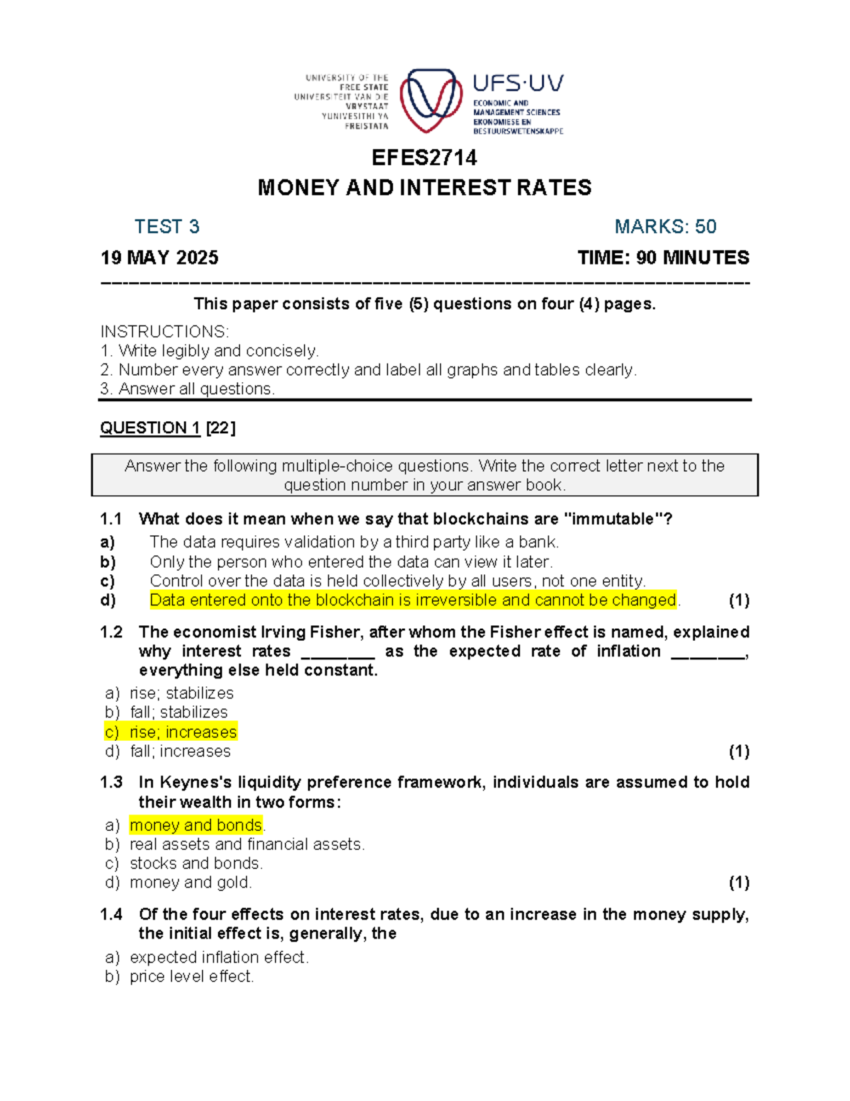 EFES2714 MONEY AND INTEREST RATES TEST 3 MEMO - MARKS: 50 - Studocu