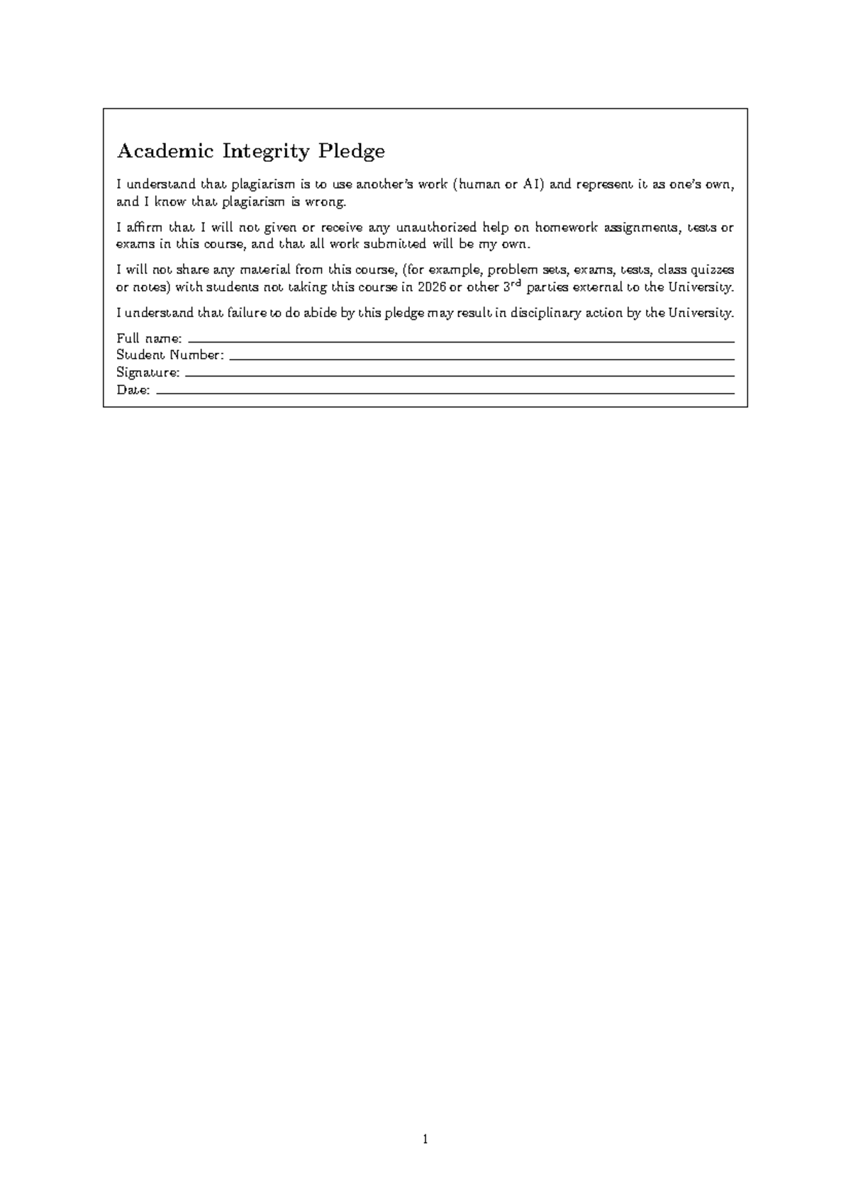 Academic Integrity Pledge Form for Course 2026 - Studocu