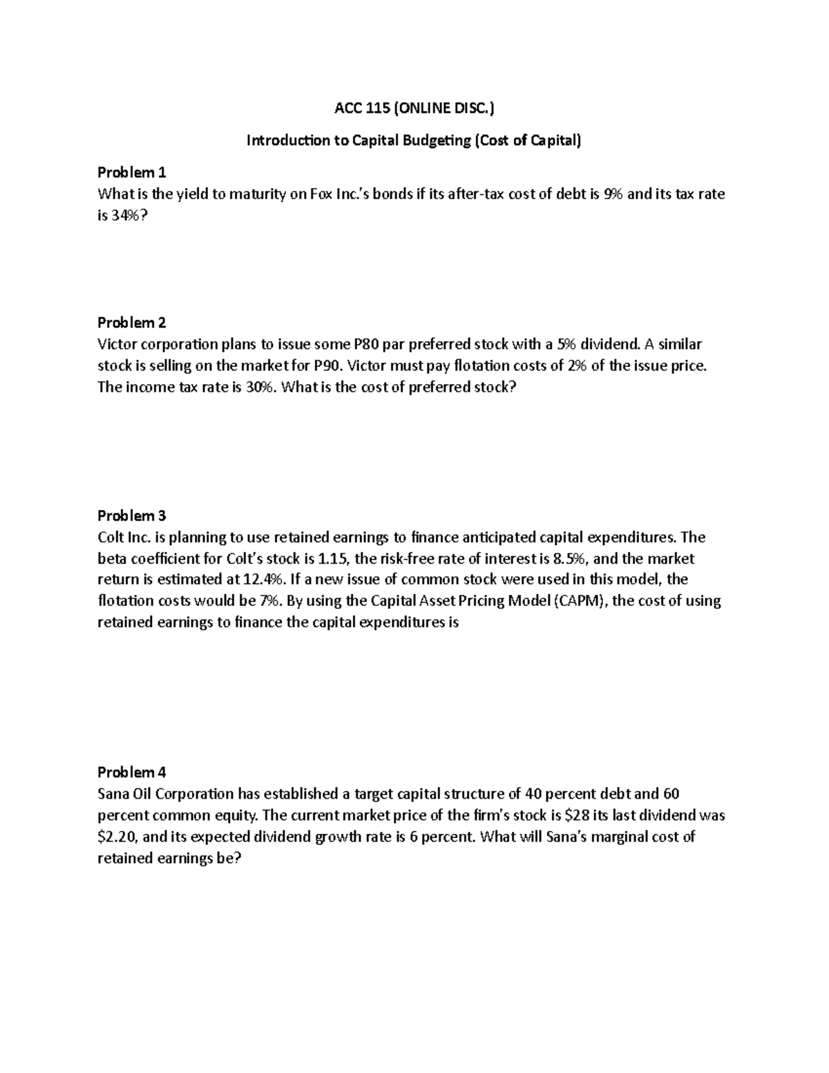 ACC 115 Online Discussion: Capital Budgeting Problems & Solutions - Studocu