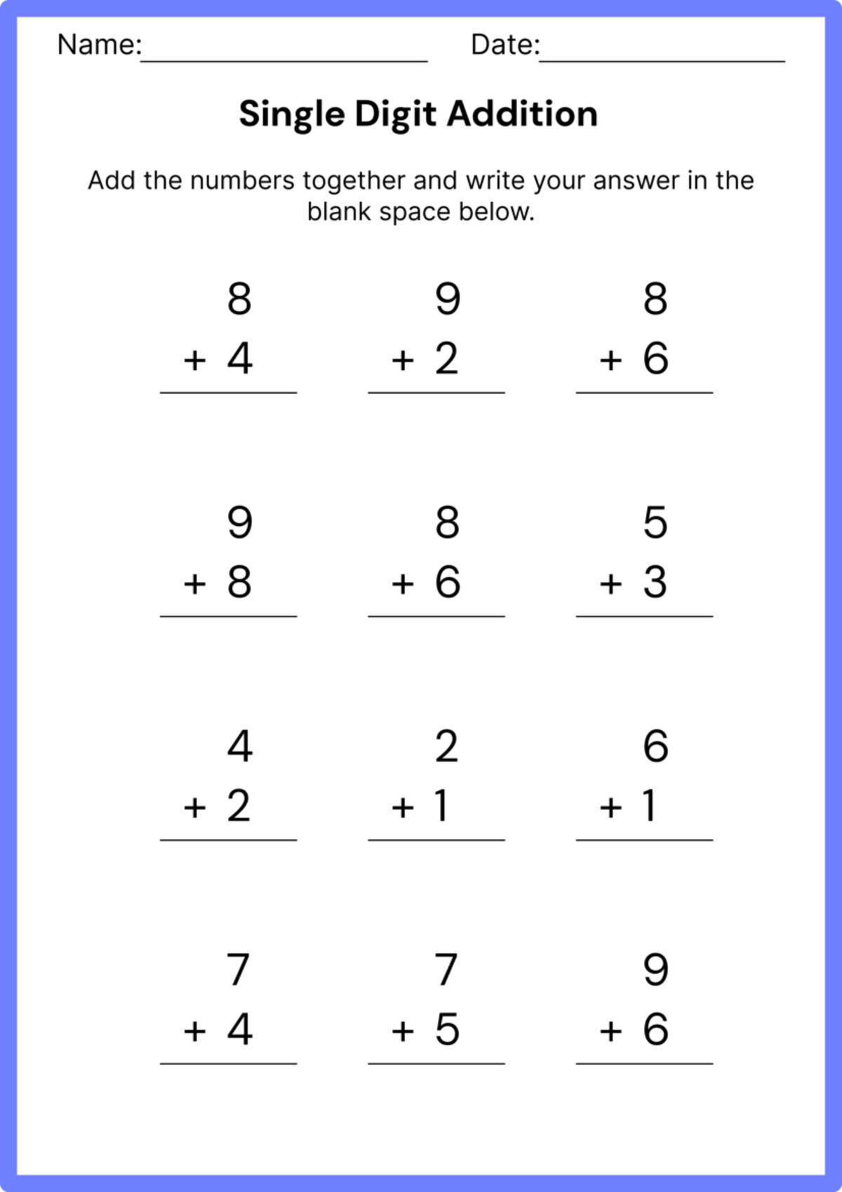 Single-Digit Addition Practice Worksheet – Version 3 - Name: Date ...
